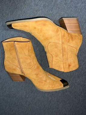 Women’s Tan Microfiber Western Ankle Boots with Block Heel